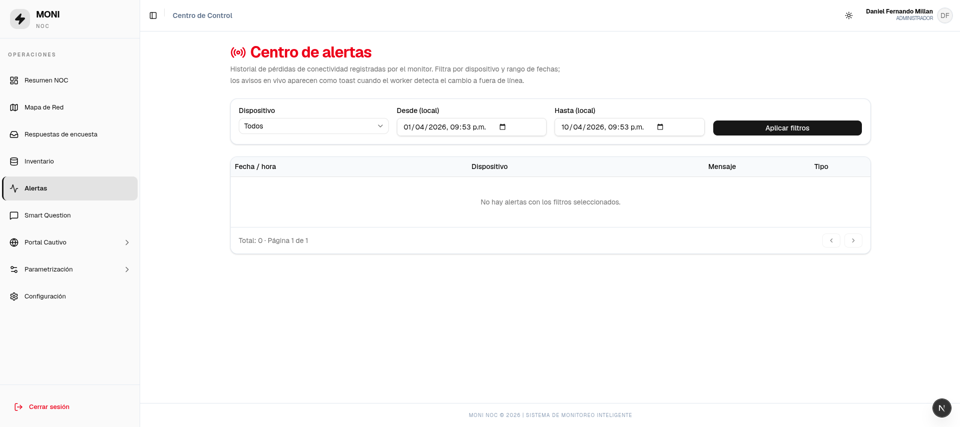 Centro de alertas — sin resultados