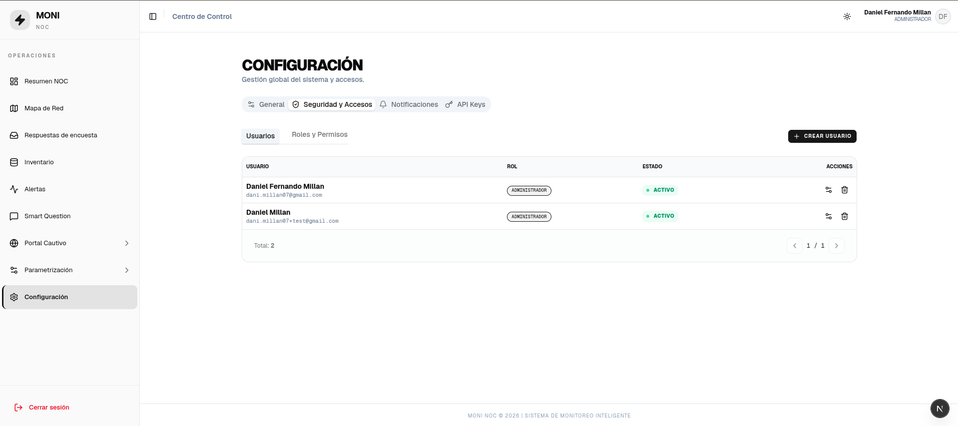 Configuración — listado de usuarios