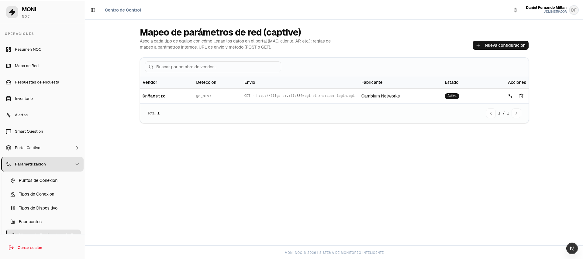 Mapeo de parámetros de red — listado