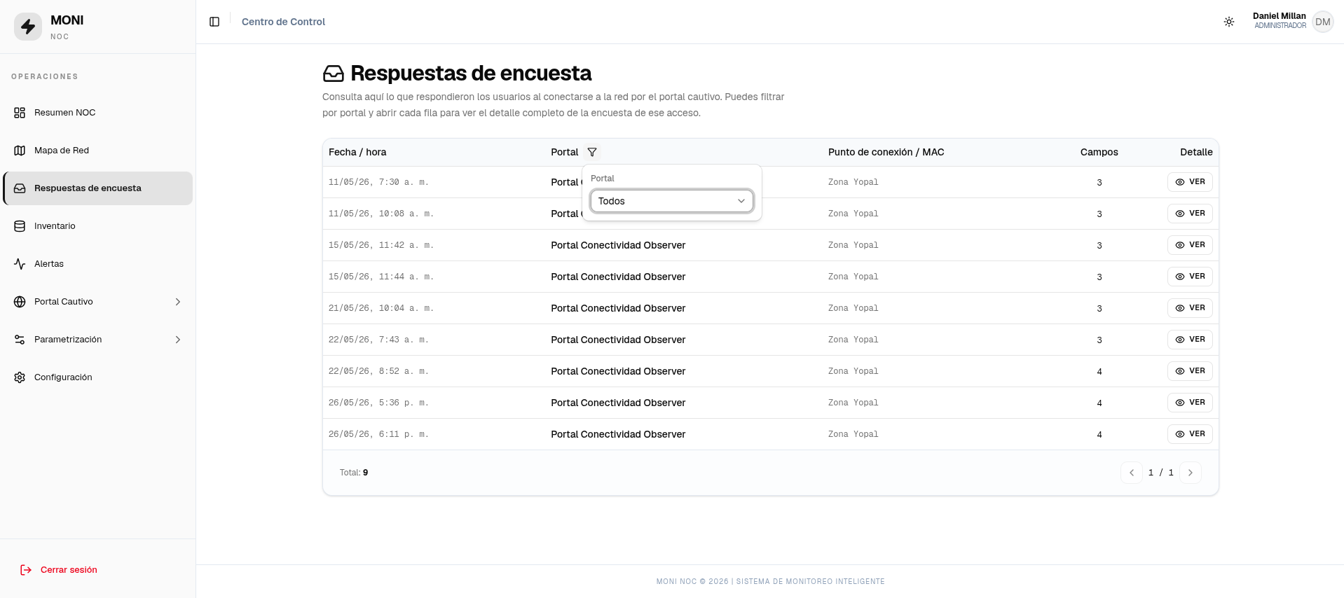 Respuestas de encuesta — filtro por portal